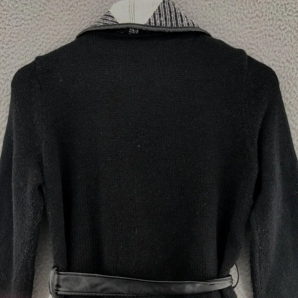 Chicos Sweater Women 1 US Medium Charlene Black Gingham Wool Blend Cardigan Belt - Picture 4 of 11